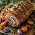 pork leg, boned and rolled, roasted to a golden-brown perfection with a crispy outer layer