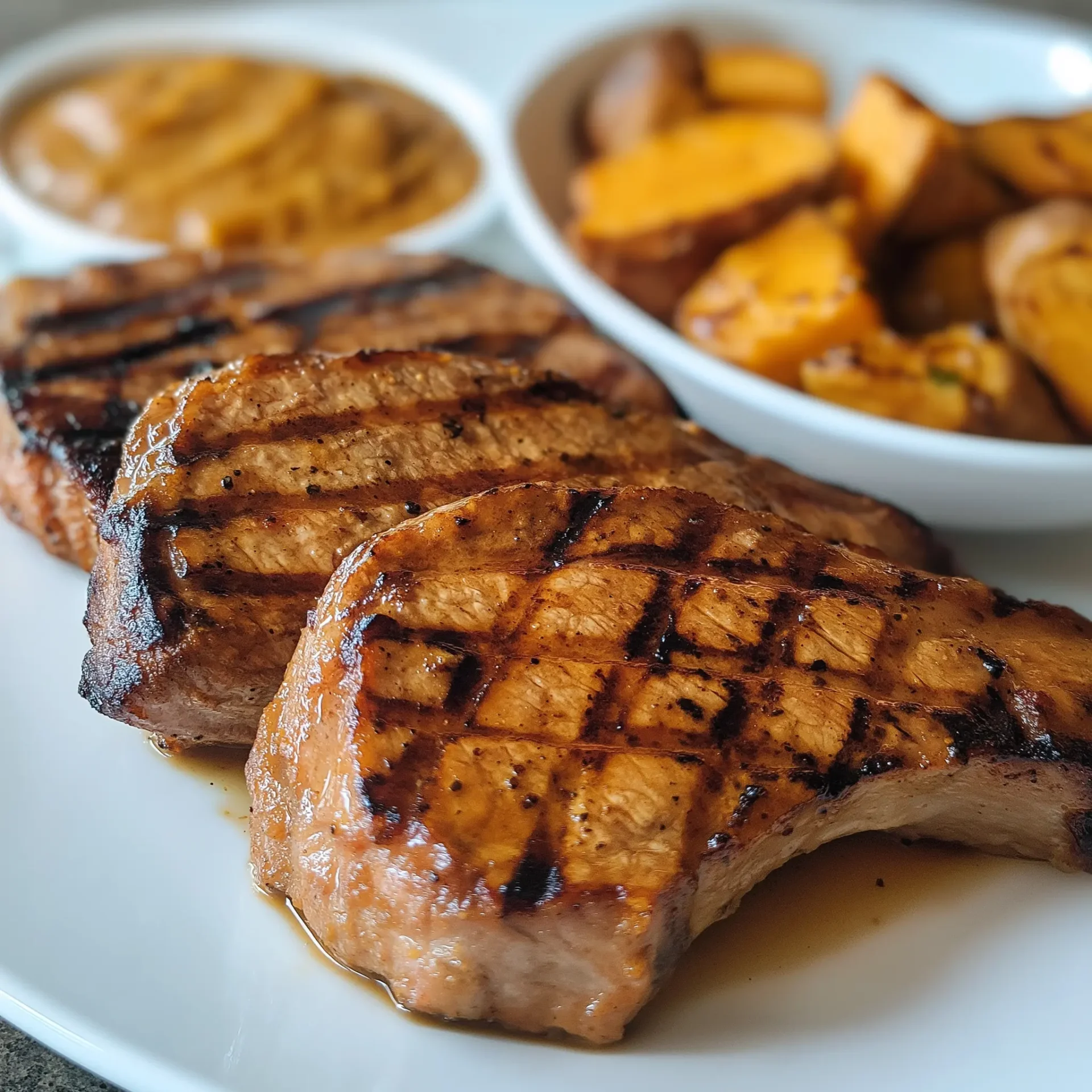 pork loin steaks, grilled to a golden-brown with a slight char, served on a white plate with a side of apple sauce and roasted sweet potatoes