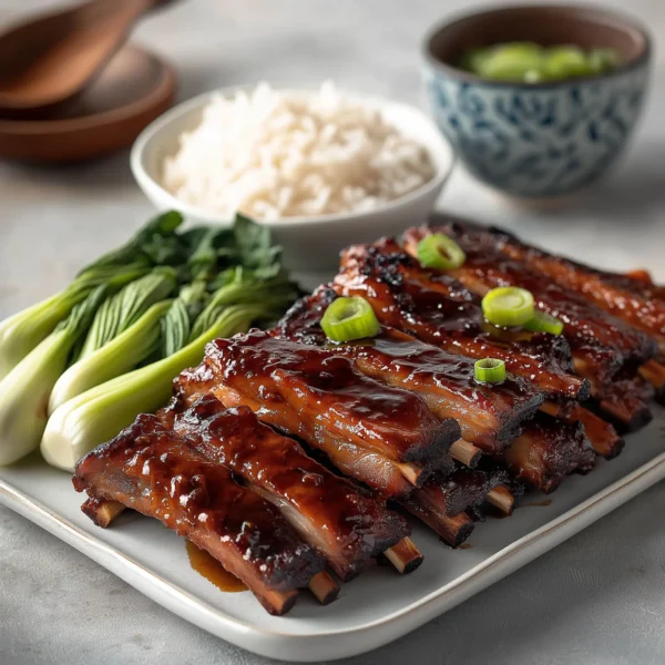 pork ribs glazed with a rich Chinese Char Siu sauce, grilled to a deep, caramelized finish, served with a side of jasmine rice and steamed bok choy