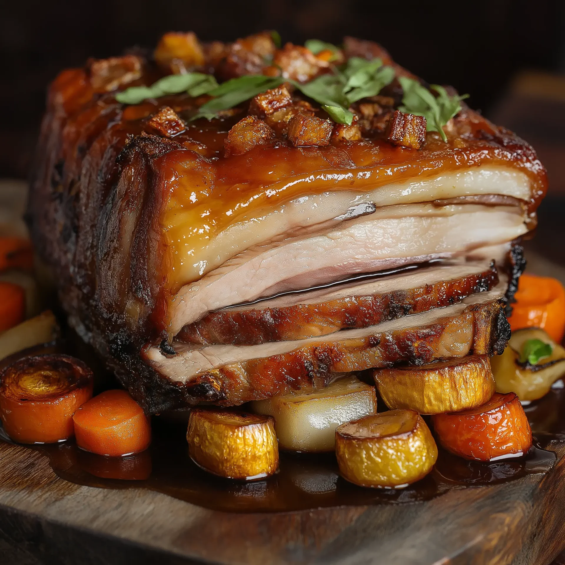 roasted pork belly, with a crispy, golden crackling on top and juicy