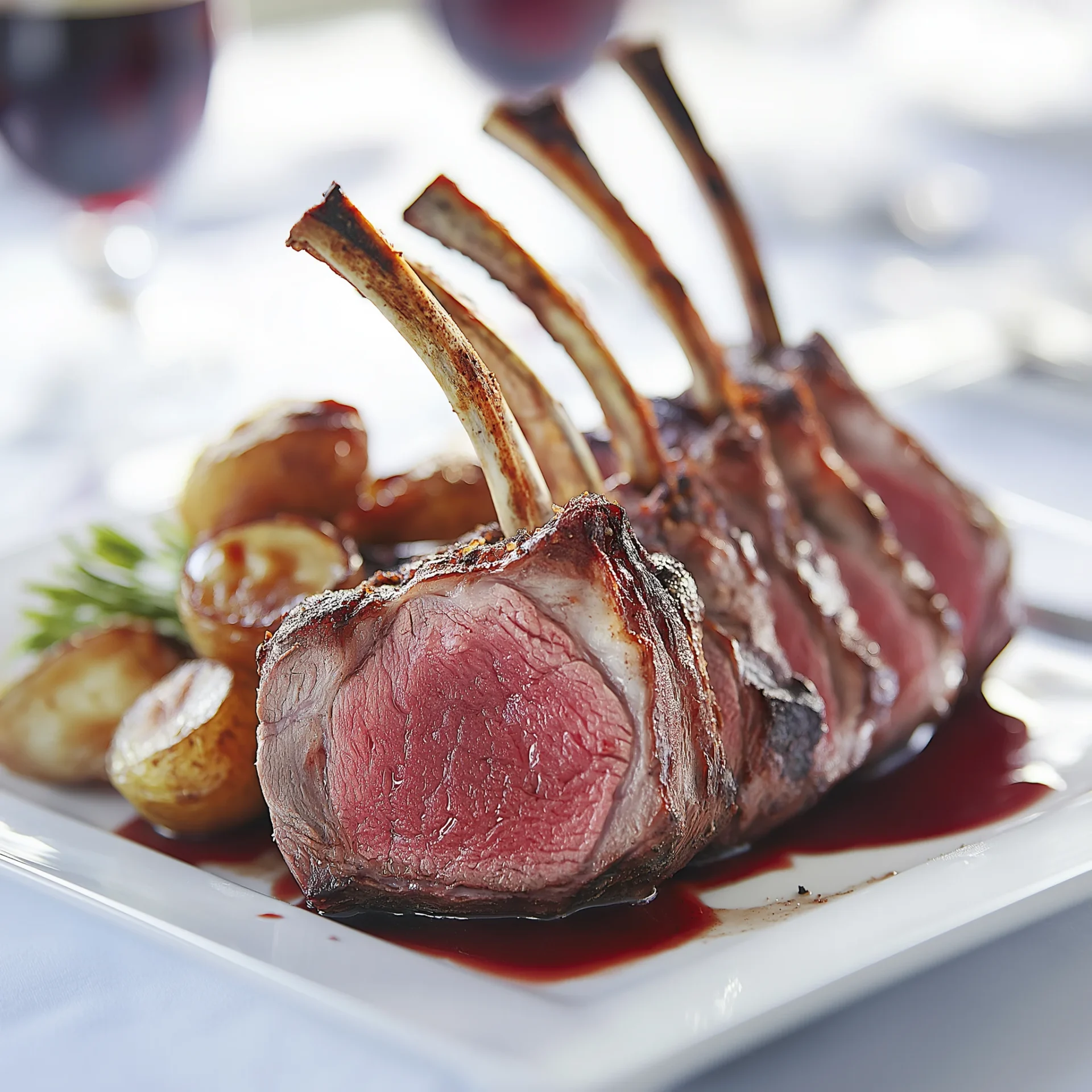 seared lamb rack, cooked to a perfect medium-rare with a golden-brown crust and tender, juicy meat inside