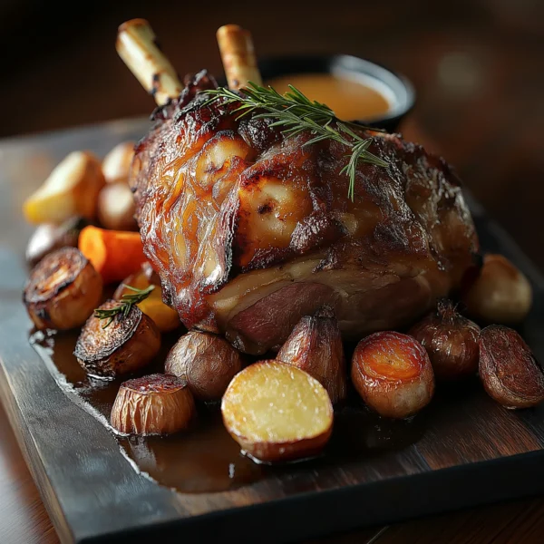 slow-roasted lamb shoulder with the bone in, tender and juicy with a golden-brown exterior. The shoulder is served on a rustic wooden board, accompanied by roasted root vegetables and a side of rich gravy