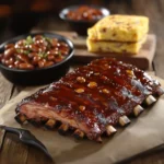 smokey BBQ pork ribs, grilled to perfection with a thick, smoky glaze, served with a side of baked beans and cornbread