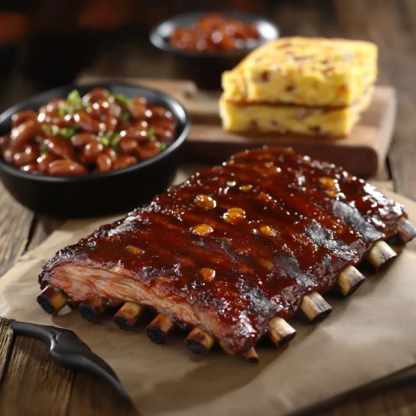 smokey BBQ pork ribs, grilled to perfection with a thick, smoky glaze, served with a side of baked beans and cornbread