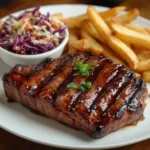 sticky BBQ beef sirloin steak, grilled to a perfect char with a glossy, sweet and smoky barbecue glaze, served on a white plate with a side of coleslaw and crispy fries