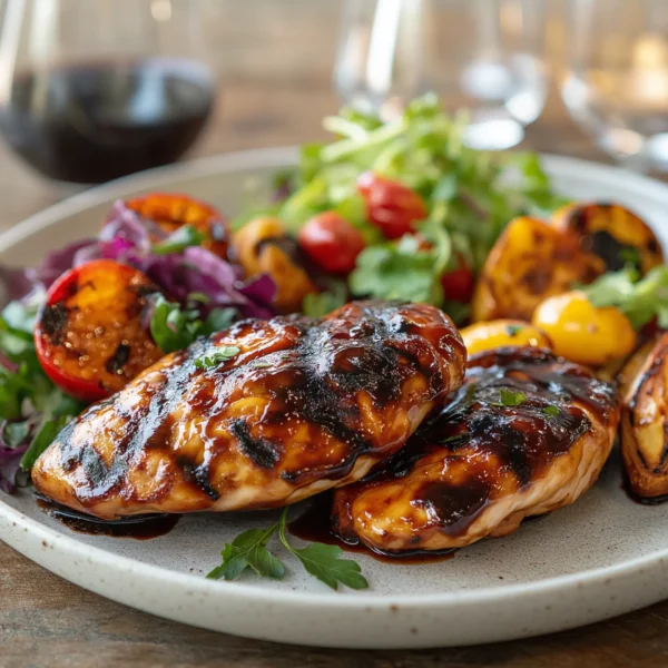 sticky BBQ chicken breast fillets, grilled to a perfect char with a glossy barbecue glaze, served with a side of roasted vegetables and a light salad