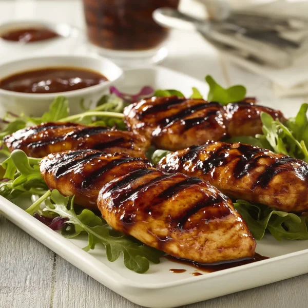 sticky BBQ chicken breast mini fillets, grilled to perfection with a rich, sticky glaze, served with a side of mixed greens and a tangy dipping sauce