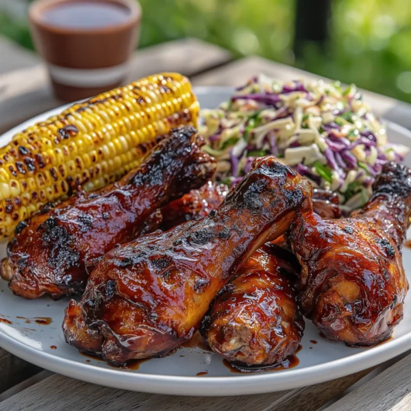 sticky BBQ chicken legs, grilled to perfection with a rich, glossy barbecue glaze, served with a side of coleslaw and corn on the cob