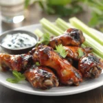 sticky BBQ chicken wings, grilled to a crispy, golden-brown with a rich barbecue glaze, served with celery sticks and blue cheese dip