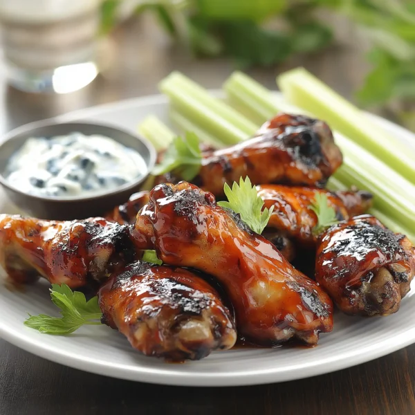 sticky BBQ chicken wings, grilled to a crispy, golden-brown with a rich barbecue glaze, served with celery sticks and blue cheese dip