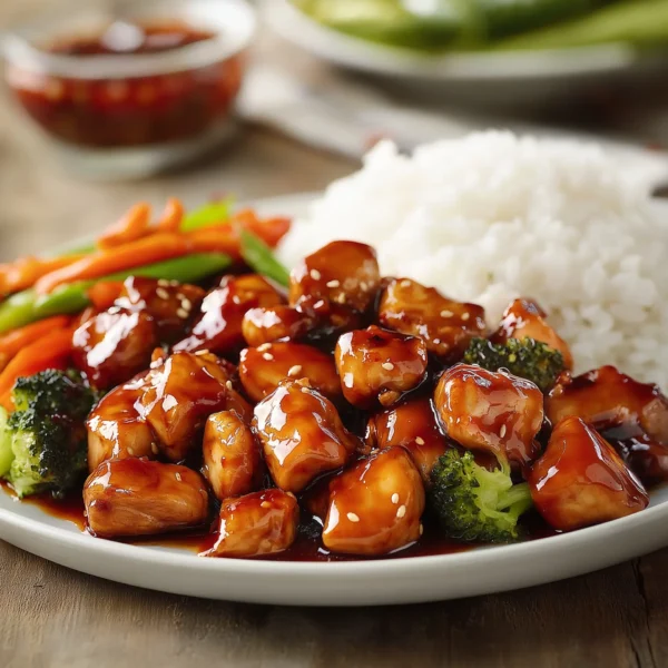 sticky BBQ diced chicken breast, cooked to perfection with a sweet and tangy glaze, served with stir-fried vegetables and rice