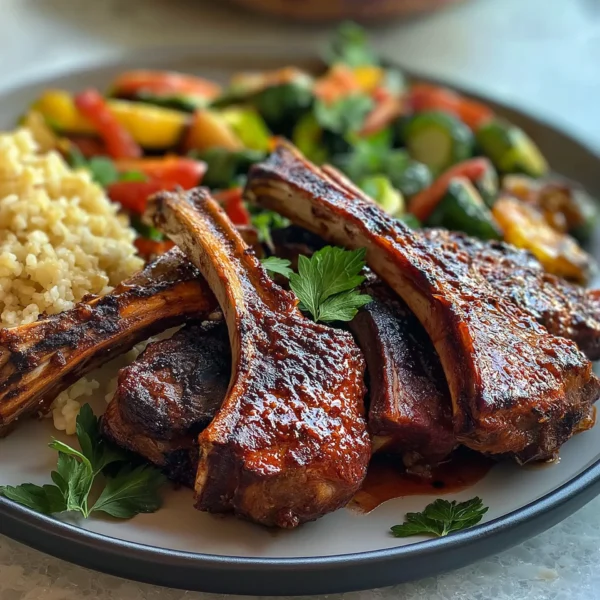 sticky BBQ lamb chops, grilled with a sweet and smoky barbecue glaze, served with a side of couscous and roasted vegetables