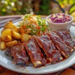 sticky BBQ pork ribs, grilled with a glossy, sweet and tangy barbecue sauce, served with a side of potato wedges and coleslaw