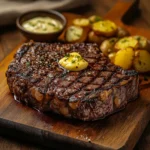 succulent ribeye steak, grilled to perfection with marbled fat and crispy edges, served on a wooden board with a side of garlic butter and roasted potatoes