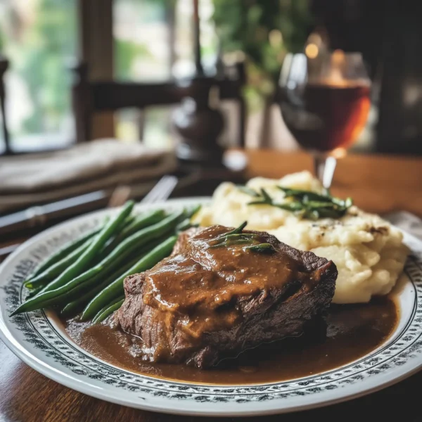 tender braising steak, slow-cooked to perfection, served in a rich gravy with a side of mashed potatoes and steamed green beans