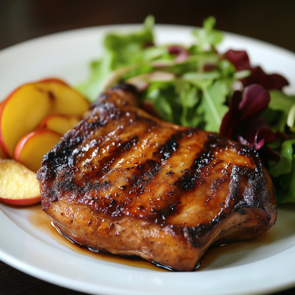 tender pork leg steak, grilled to a golden-brown finish with visible char marks, served on a bright white plate with a side of caramelized apples and a light salad