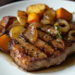 tender pork shoulder steak, grilled to a golden-brown with crispy edges, served on a white plate with caramelized onions and roasted root vegetables