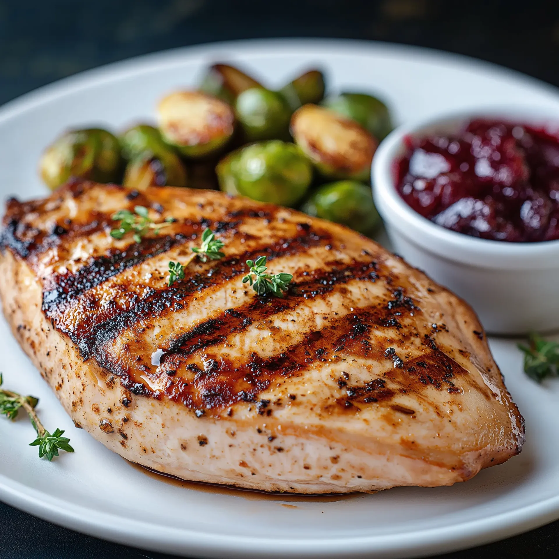 turkey breast steak, grilled to a golden-brown with a slight char, served on a white plate with a side of cranberry sauce and roasted Brussels sprouts