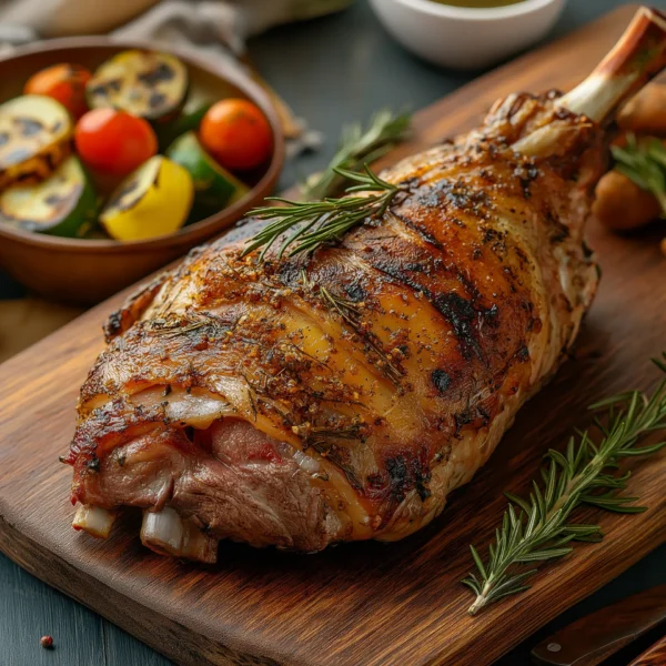 whole lamb leg, butterflied and grilled to perfection with a golden-brown crust and juicy, tender meat inside