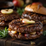 wild boar and apple burger patty, grilled and juicy, served in a toasted bun with apple slices, fresh arugula, and a tangy apple cider mayo