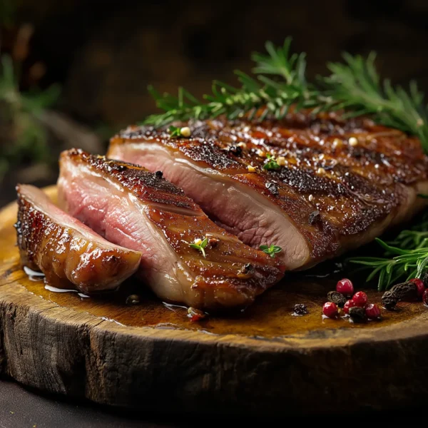 Seared free-range duck breast with crispy golden skin, sliced to reveal tender, juicy meat, garnished with rosemary and thyme on a rustic wooden platter with a rich sauce drizzle.