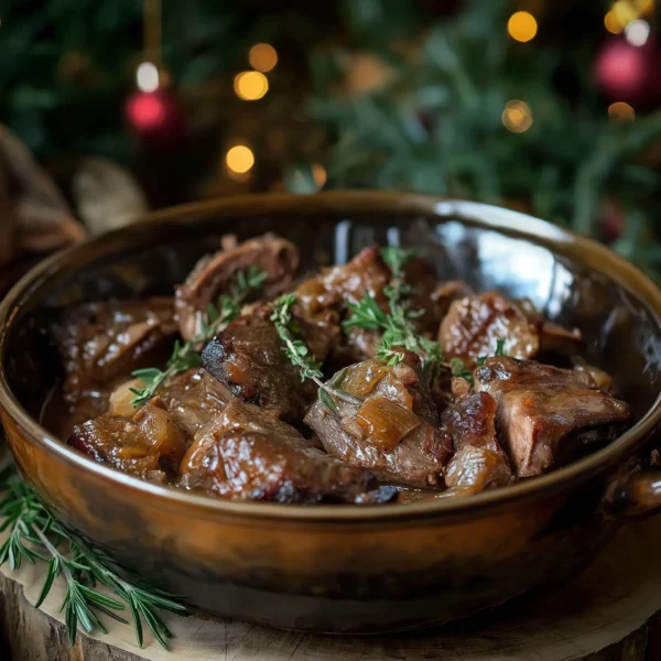 Tender lamb stewing neck, slow-cooked with herbs, perfect for a warming Christmas holiday stew.