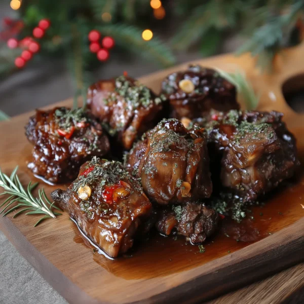 Tender, slow-cooked oxtail with festive herb garnish, ideal for a hearty Christmas holiday meal