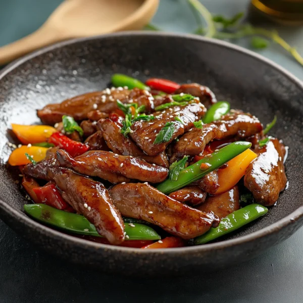 Stir-fried free-range duck strips, cooked to golden-brown, served with stir-fried vegetables and garnished with fresh herbs on a rustic plate.