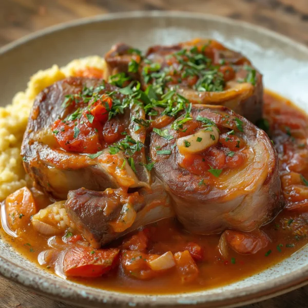 Slow-cooked veal osso buco served in a rich tomato and herb sauce, with tender meat falling off the bone and garnished with fresh parsley.