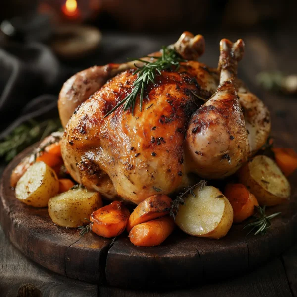 Roasted whole free-range chicken with crispy golden skin, surrounded by roasted vegetables and garnished with rosemary and thyme, served on a rustic wooden platter.