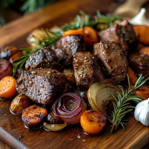 Cooked diced venison served on a rustic wooden platter, glistening with a rich glaze, surrounded by roasted vegetables and garnished with fresh rosemary.