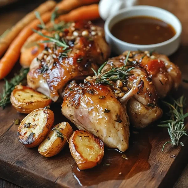 A beautifully presented dish of cooked rabbit jointed into six pieces, glazed and garnished with rosemary, served with roasted potatoes and carrots, alongside a small bowl of gravy.