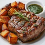 grilled lamb leg steak, juicy and tender, served on a white ceramic plate with roasted root vegetables and a mint sauce on the side