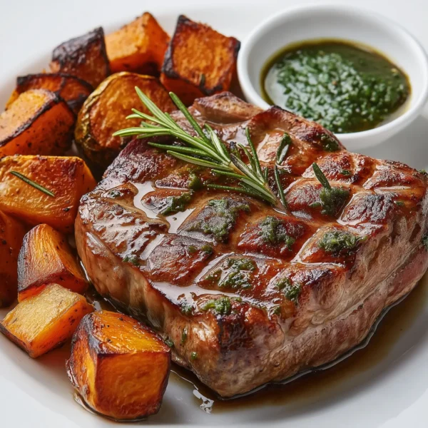 grilled lamb leg steak, juicy and tender, served on a white ceramic plate with roasted root vegetables and a mint sauce on the side