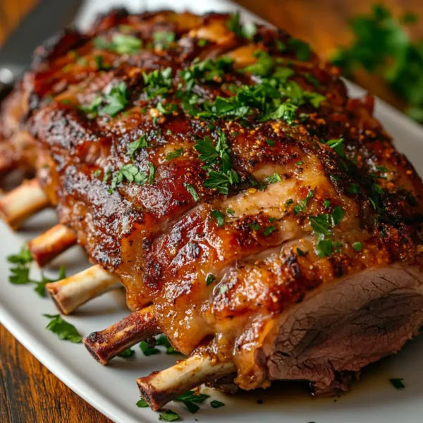 Succulent slow-roasted lamb breast bone-in, garnished with fresh parsley, served on a white platter. Perfect for festive feasts and hearty meals.