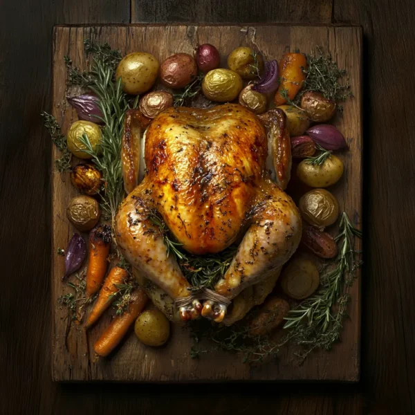 Whole roasted chicken with a golden, crispy skin, placed on a wooden board, surrounded by roasted potatoes, carrots, and red onions with fresh rosemary sprigs.