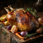 Whole roasted duck with golden, crispy skin, garnished with fresh thyme and surrounded by roasted potatoes, onions, and carrots on a rustic wooden board.