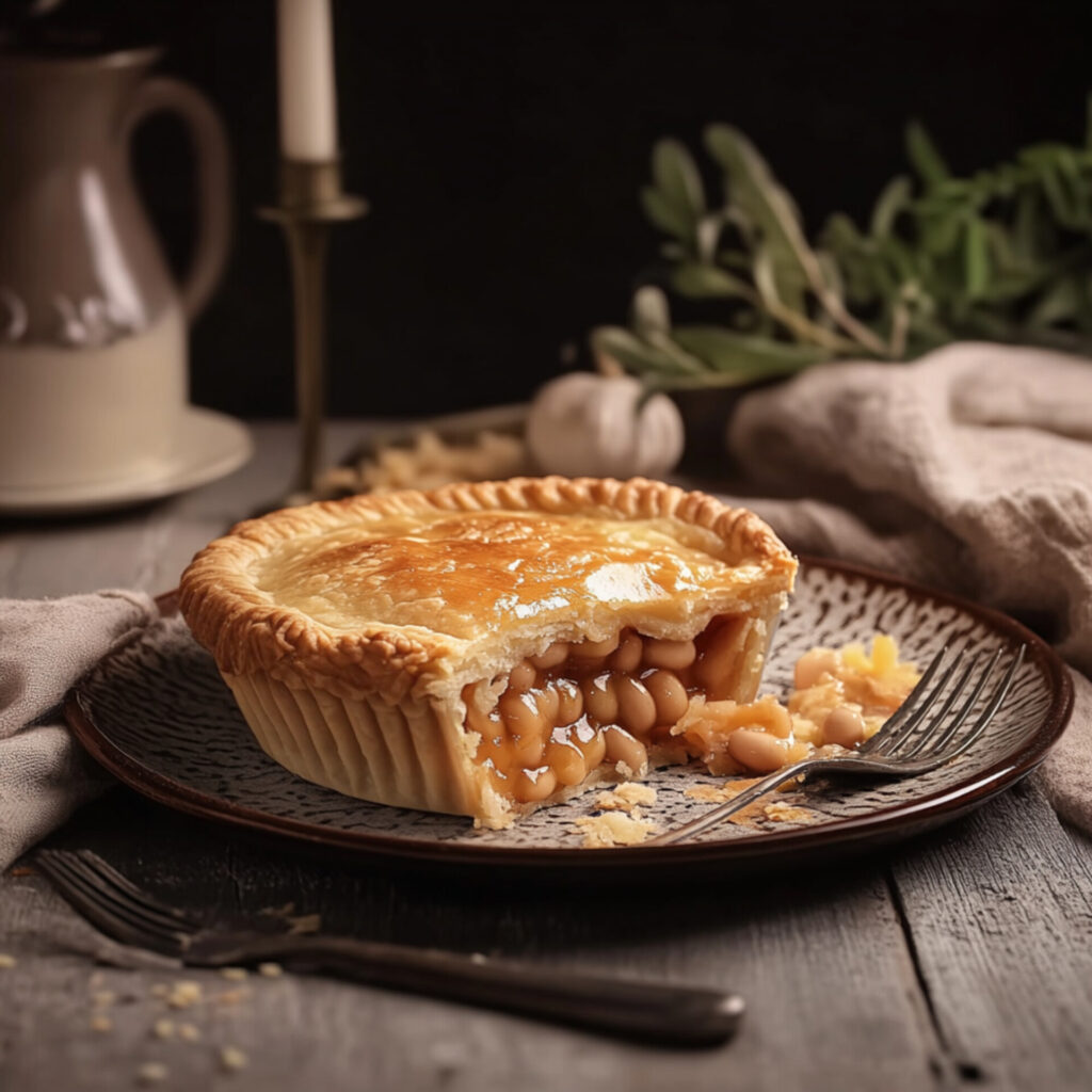 Golden, buttery pie crust sliced open to reveal a creamy filling with tender butterbeans in a spicy sauce. The pie sits on a white plate with vegetables in the background, showcasing a comforting and hearty meal.