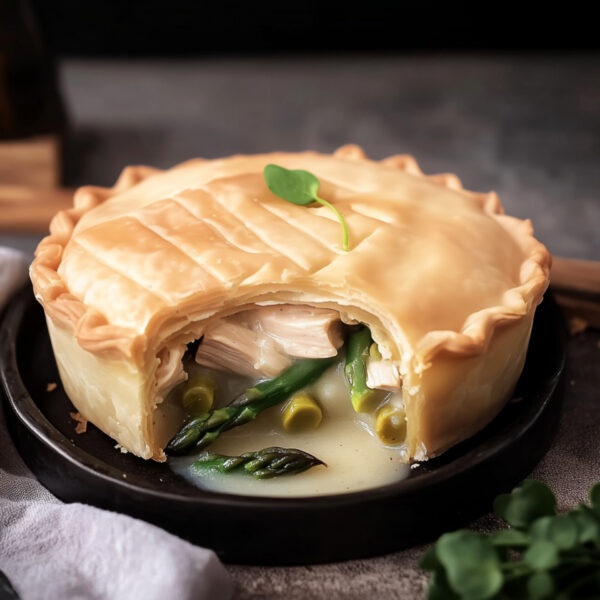 freshly baked chicken and asparagus pie with golden, flaky pastry served on a white plate. The pie is cut open, revealing tender chicken and small pieces of asparagus in a creamy sauce