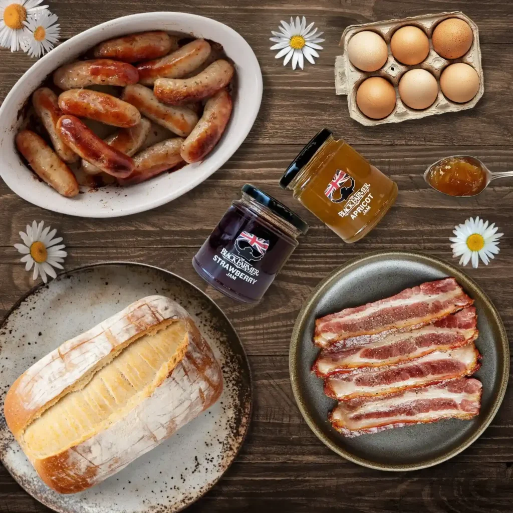 Breakfast Box with Sausages, eggs, jams and bread